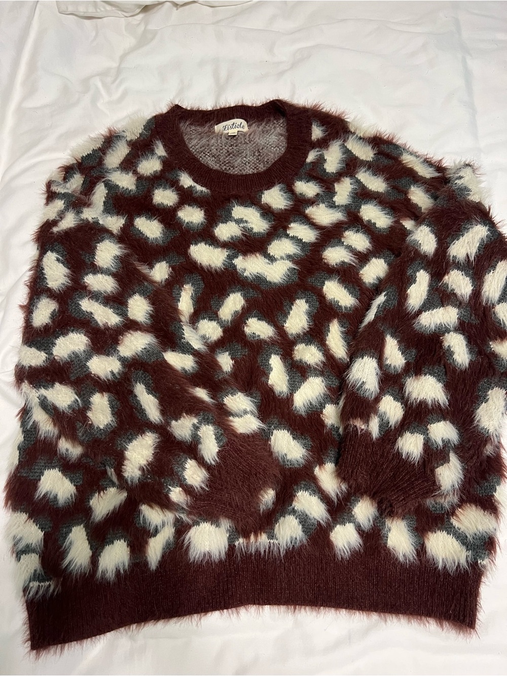 Listicle Maroon Crewneck Sweater with Cream & Gray Spots